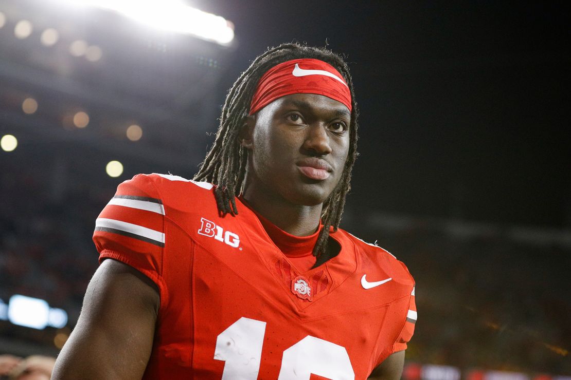 Ohio State Buckeyes wide receiver Marvin Harrison Jr. (18) walks off the field after the game against the Minnesota Gophers and the Ohio State Buckeyes on November 18, 2023, at Ohio Stadium in Columbus, OH. (Photo by Ian Johnson/Icon Sportswire) (Icon Sportswire via AP Images)