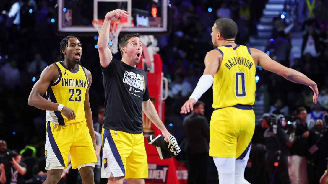 LAS VEGAS, NEVADA - DECEMBER 07: Aaron Nesmith #23, T.J. McConnell #9 and Tyrese Haliburton #0 of the Indiana Pacers celebrate after Haliburton hit a 3-pointer against the Milwaukee Bucks in the second half of the East semifinal game of the inaugural NBA In-Season Tournament at T-Mobile Arena on December 07, 2023 in Las Vegas, Nevada. The Pacers defeated the Bucks 128-119. NOTE TO USER: User expressly acknowledges and agrees that, by downloading and or using this photograph, User is consenting to the terms and conditions of the Getty Images License Agreement. (Photo by Ethan Miller/Getty Images)