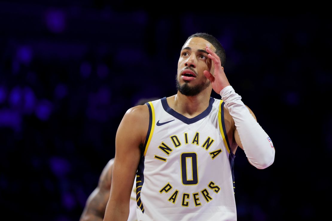 LAS VEGAS, NEVADA - DECEMBER 09: Tyrese Haliburton #0 of the Indiana Pacers reacts against the Los Angeles Lakers during the first quarter in the championship game of the inaugural NBA In-Season Tournament at T-Mobile Arena on December 09, 2023 in Las Vegas, Nevada. NOTE TO USER: User expressly acknowledges and agrees that, by downloading and or using this photograph, User is consenting to the terms and conditions of the Getty Images License Agreement. (Photo by Ethan Miller/Getty Images)