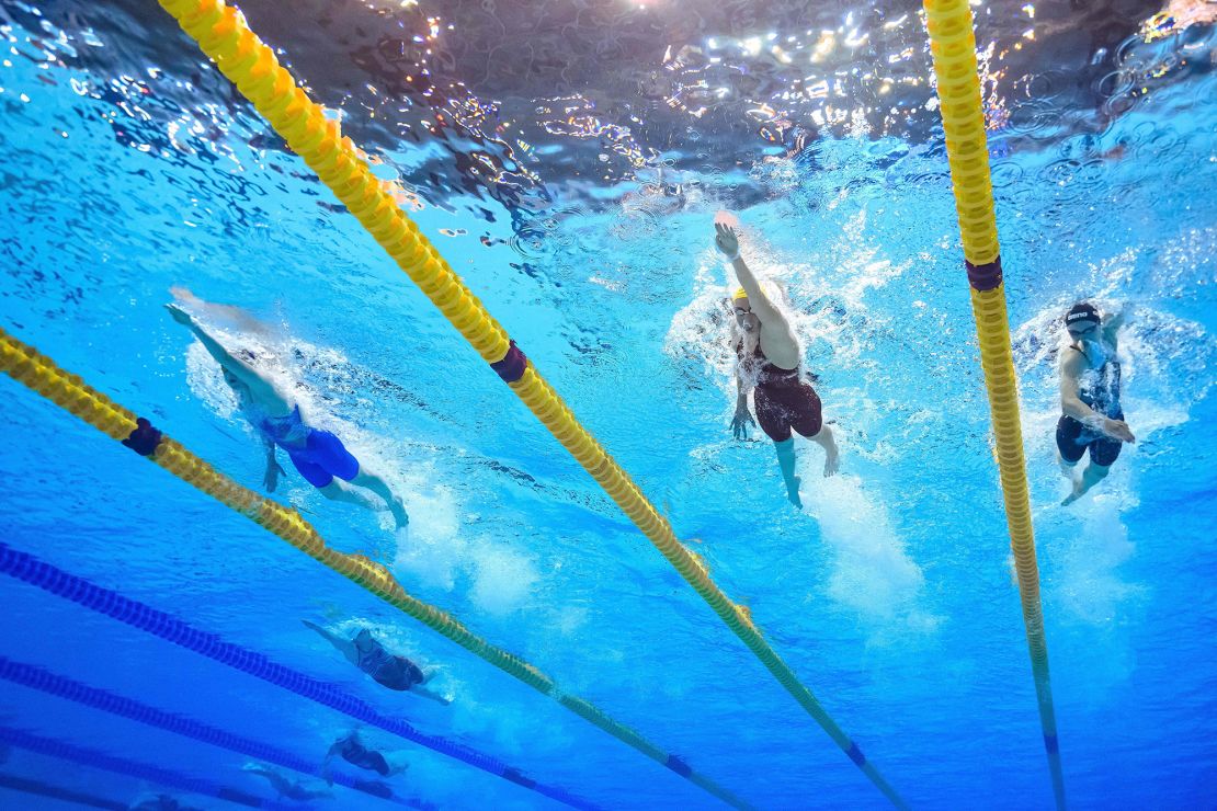 Australia's Ariarne Titmus (2nd R) competes in a heat of the women's 800m freestyle swimming event during the World Aquatics Championships in Fukuoka on July 28, 2023. (Photo by MANAN VATSYAYANA / AFP) (Photo by MANAN VATSYAYANA/AFP via Getty Images)