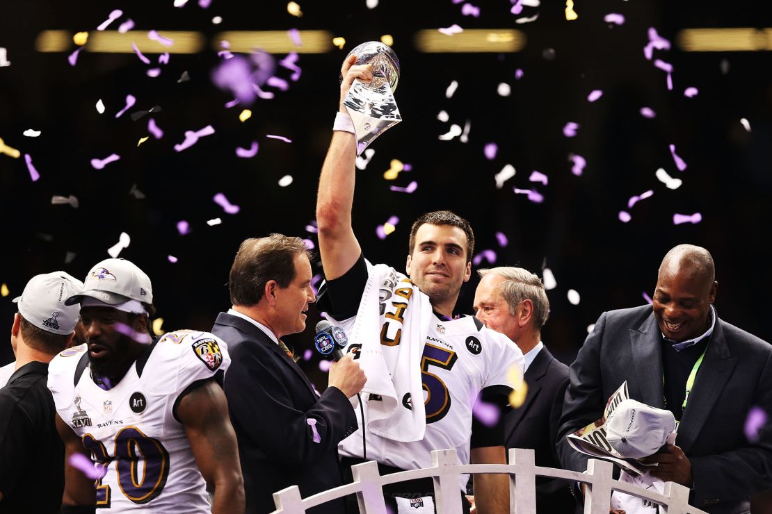 NEW ORLEANS, LA - FEBRUARY 03:  Super Bowl MVP Joe Flacco #5 of the Baltimore Ravens celebrates with the Vince Lombardi trophy after the Ravens won 34-31 against the San Francisco 49ers during Super Bowl XLVII at the Mercedes-Benz Superdome on February 3, 2013 in New Orleans, Louisiana.  (Photo by Christian Petersen/Getty Images)