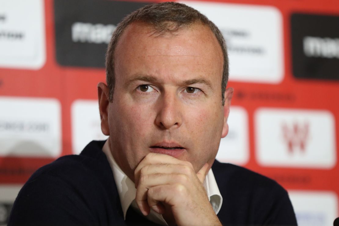 Nice's French sporting director Julien Fournier  holds a press conference with Nice's president on January 11, 2019, in Nice, southeastern France - Fournier and Nice's president announced their resignation from the club on January 11. (Photo by VALERY HACHE / AFP)        (Photo credit should read VALERY HACHE/AFP via Getty Images)