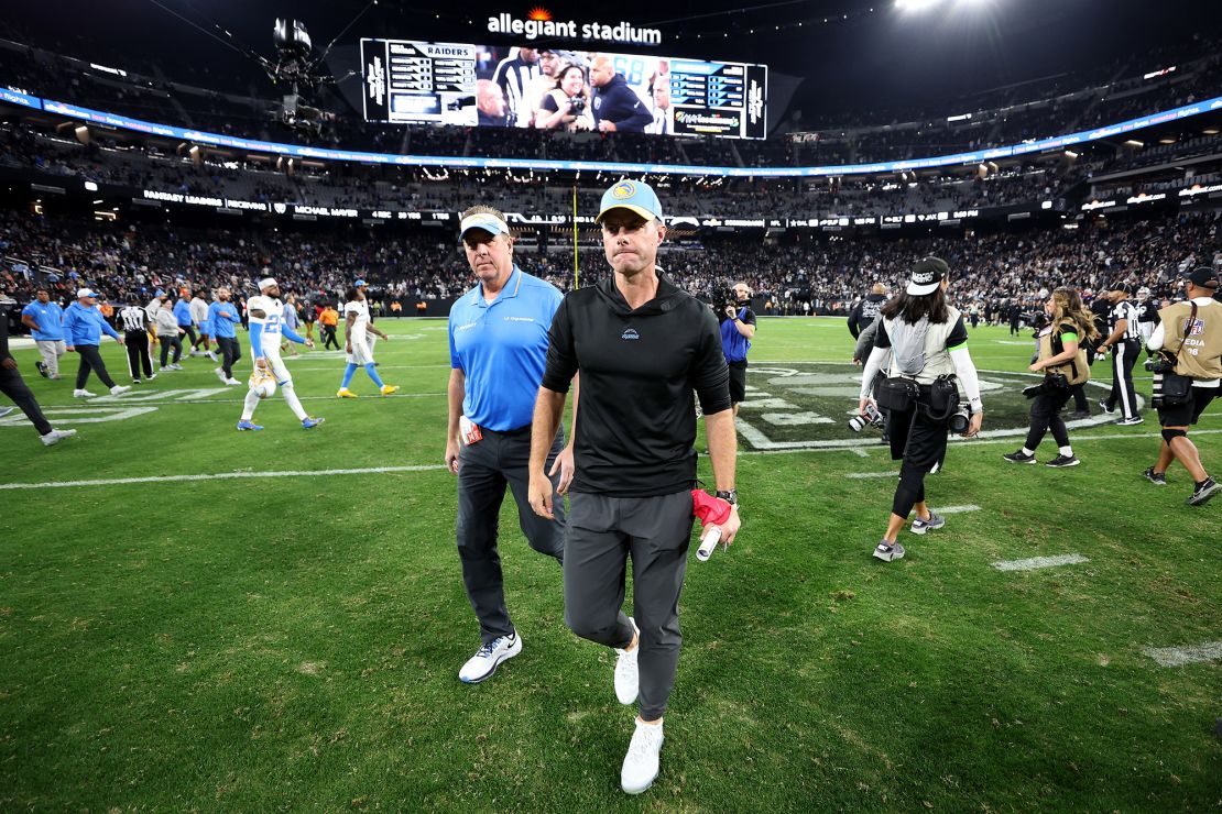 LAS VEGAS, NEVADA - DECEMBER 14: Head coach Brandon Staley of the Los Angeles Chargers walks off of the field after losing to the Las Vegas Raiders, 63-21, at Allegiant Stadium on December 14, 2023 in Las Vegas, Nevada. (Photo by Sean M. Haffey/Getty Images)