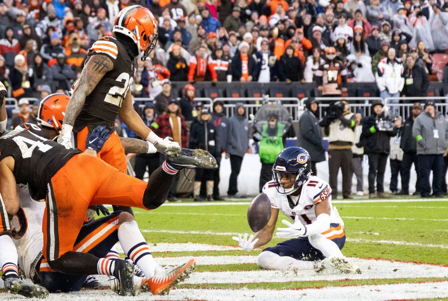 Chicago Bears wide receiver Darnell Mooney nearly catches a Hail Mary pass in the final play of the Bears' game against the Cleveland Browns. Mooney failed to secure the ball and the Browns won 20-17.