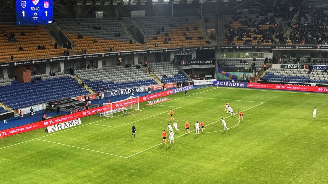 Basaksehir striker Krzysztof Piatek watches his kick find the back of the net to take the lead over Sivasspor.