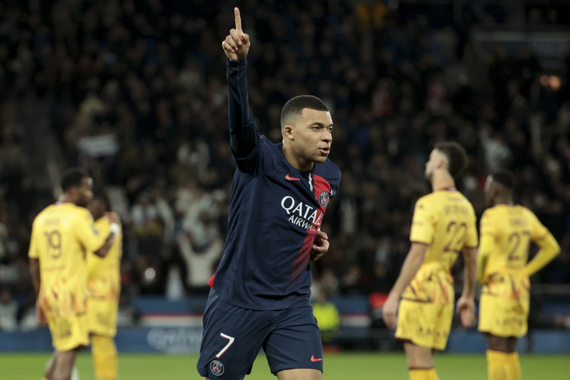 Kylian Mbappe of PSG celebrates his goal during the Ligue 1 Uber Eats match between Paris Saint-Germain (PSG) and FC Metz (FCM) at Parc des Princes stadium on December 20, 2023 in Paris, France.