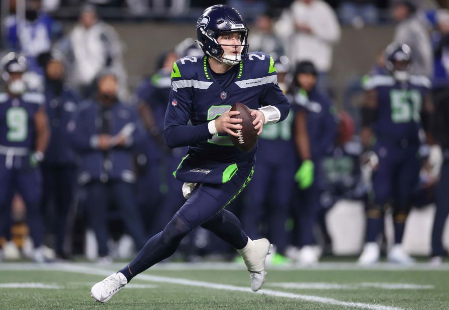 Seattle Seahawks quarterback Drew Lock looks to pass in the first quarter of the Seahawks' Monday Night Football game against the Philadelphia Eagles on December 18. Lock, who had his second start of the season Monday, led his team to a 20-17 victory.