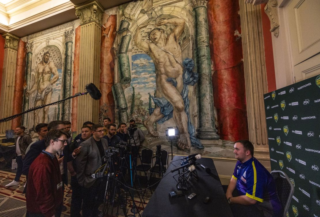 Luke Littler talking to the media after winning his match against Matt Campbell during day ten of the Paddy Power World Darts Championship at Alexandra Palace, London. Picture date: Wednesday December 27, 2023. (Photo by Steven Paston/PA Images via Getty Images)