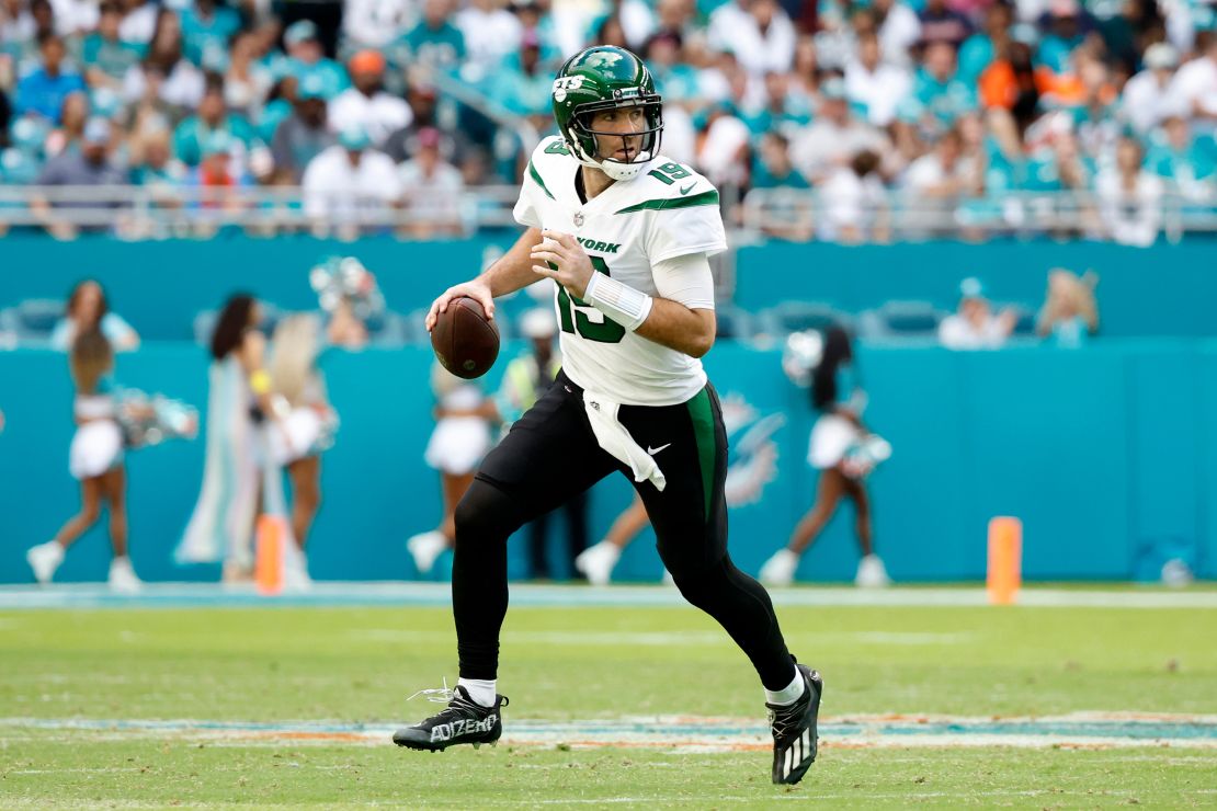 Quarterback Joe Flacco #19 of the New York Jets during their game against their Miami Dolphins at Hard Rock Stadium on January 08, 2023 in Miami Gardens, Florida.