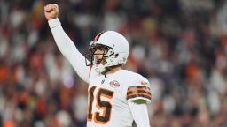 CLEVELAND, OH - DECEMBER 28: Joe Flacco #15 of the Cleveland Browns celebrates after scoring a touchdown against the New York Jets at Cleveland Browns Stadium on December 28, 2023 in Cleveland, Ohio. (Photo by Cooper Neill/Getty Images)