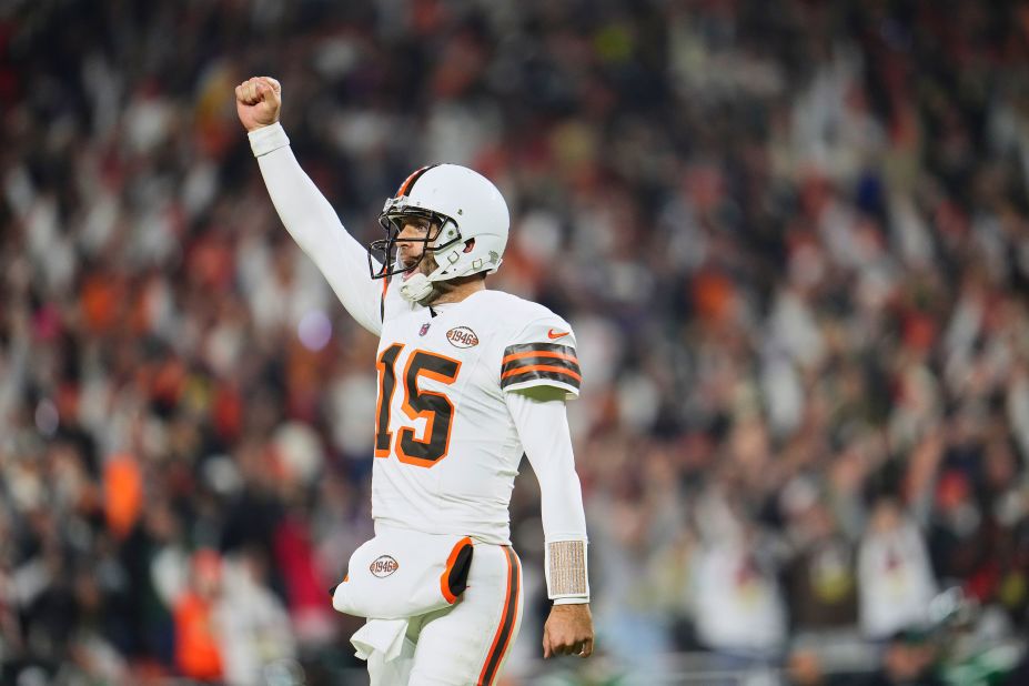 Cleveland Browns quarterback Joe Flacco celebrates after a touchdown on Thursday, December 28. Flacco led his team to a  37-20 rout of the New York Jets, <a href="https://www.cnn.com/2023/12/29/sport/joe-flacco-elijah-moore-browns-playoffs-spt-intl/index.html" target="_blank">securing the Browns' spot in the playoffs</a>. It will be the Browns' first postseason appearance since 2020, and third since 1999.