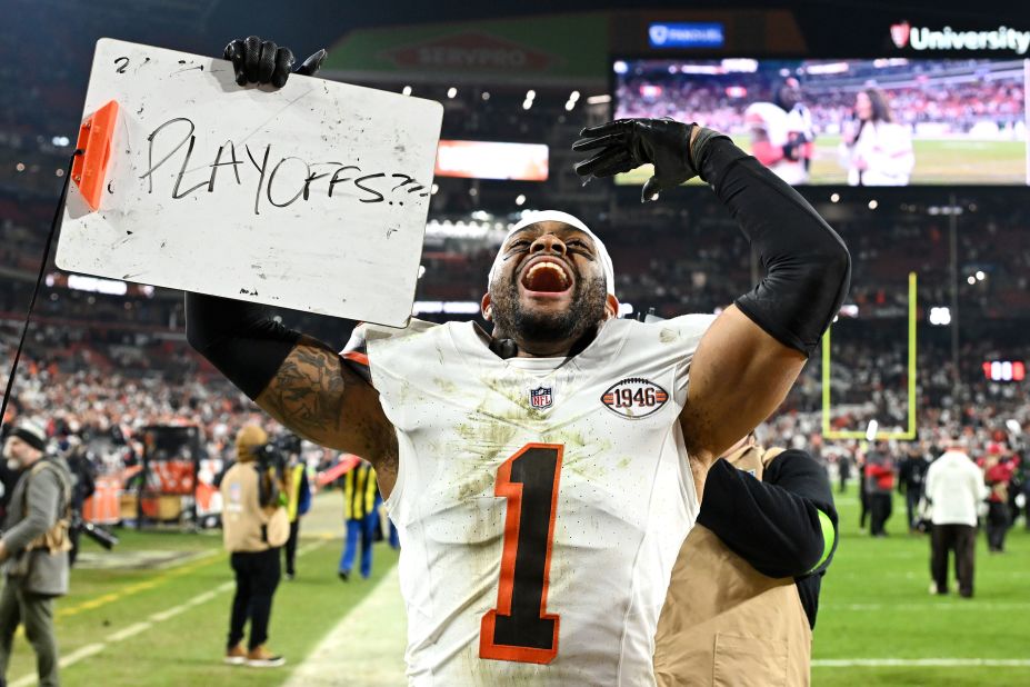 Cleveland Browns safety Juan Thornhill celebrates after beating the New York Jets on Thursday, December 28, 2023. The Browns defeated the Jets 37-20, <a href="https://www.cnn.com/2023/12/29/sport/joe-flacco-elijah-moore-browns-playoffs-spt-intl/index.html" target="_blank">securing a spot in the playoffs</a>. It will be the Browns' first postseason appearance since 2020, and third since 1999.