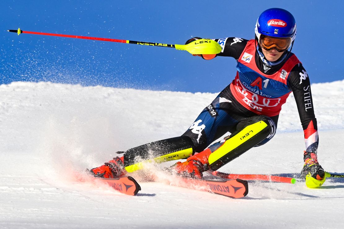 US' Mikaela Shiffrin competes in the first run of the Women's Slalom race at the FIS Alpine Skiing World Cup event on December 29, 2023 in Lienz, Austria. (Photo by VLADIMIR SIMICEK / AFP) (Photo by VLADIMIR SIMICEK/AFP via Getty Images)