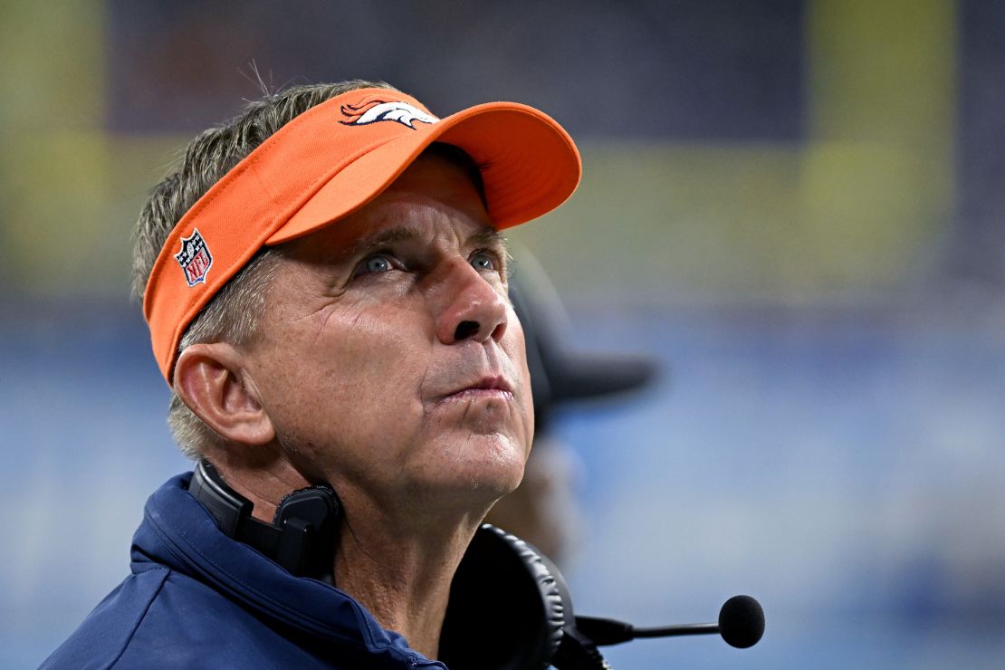 Dec 16, 2023; Detroit, Michigan, USA; Denver Broncos head coach Sean Payton looks at the scoreboard in the fourth quarter against the Detroit Lions at Ford Field.