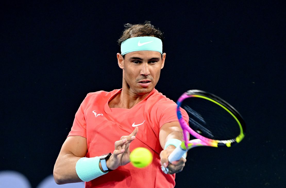 Rafael Nadal of Spain plays a forehand in his doubles match with Marc Lopez of Spain against Max Purcell and Jordan Thompson of Australia during day one of the  2024 Brisbane International at Queensland Tennis Centre on December 31, 2023 in Brisbane, Australia.