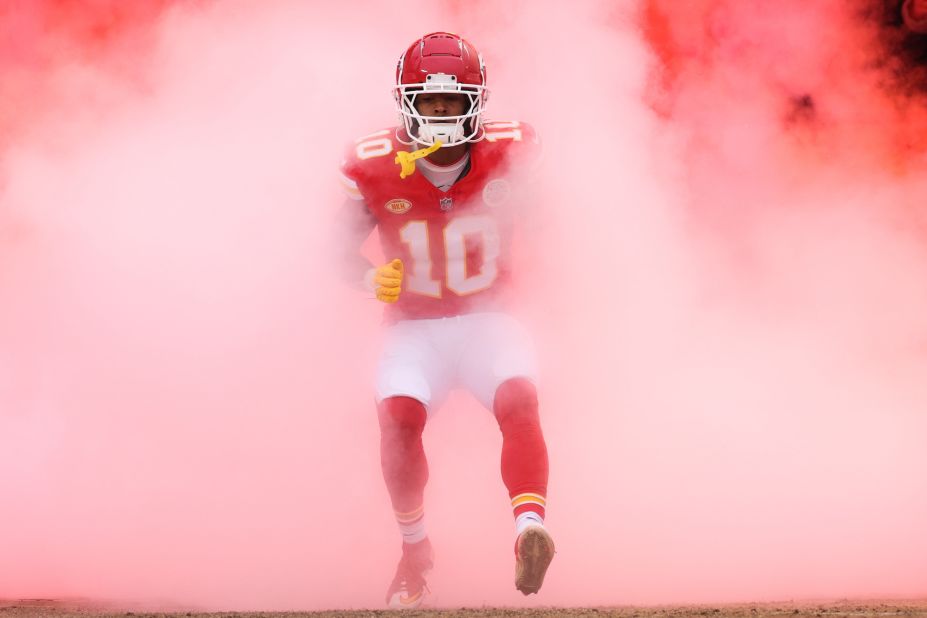 Isiah Pacheco of the Kansas City Chiefs runs onto the field before the game against the Cincinnati Bengals in Kansas City, Missouri, on Sunday, December 31. The Chiefs beat the Bengals 25-17.