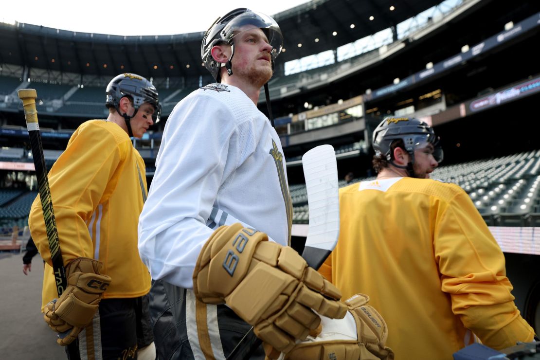 SEATTLE, WASHINGTON - DECEMBER 31: Jack Eichel #9 of the Vegas Golden Knights looks on during practice before the Discover NHL Winter Classic at T-Mobile Park on December 31, 2023 in Seattle, Washington. (Photo by Steph Chambers/Getty Images)