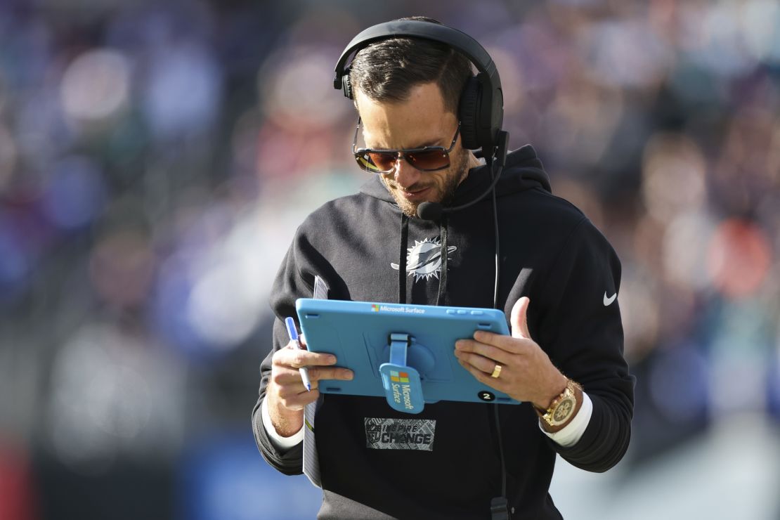 BALTIMORE, MARYLAND - DECEMBER 31: Head coach Mike McDaniel of the Miami Dolphins looks on during the first half of the game against the Baltimore Ravens at M&T Bank Stadium on December 31, 2023 in Baltimore, Maryland. (Photo by Rob Carr/Getty Images)