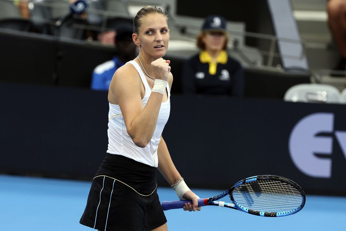 Karolina Pliskova of the Czech Republic reacts after she won her match against Naomi Osaka of Japan during the Brisbane International tennis tournament in Brisbane, Australia, Wednesday, Jan. 3, 2024. (AP Photo/Tertius Pickard)