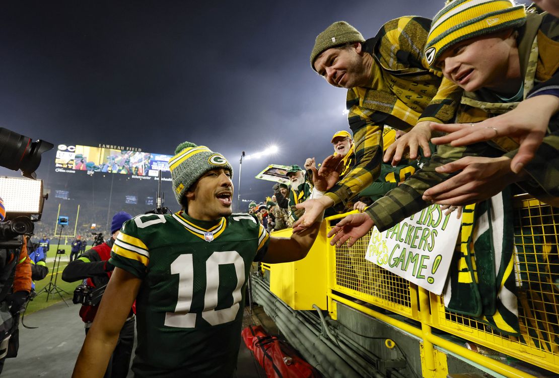 Green Bay Packers quarterback Jordan Love (10) reacts after beating the Chicago Bears during an NFL football game Sunday, Jan. 7, 2024, in Green Bay, Wis. (AP Photo/Jeffrey Phelps