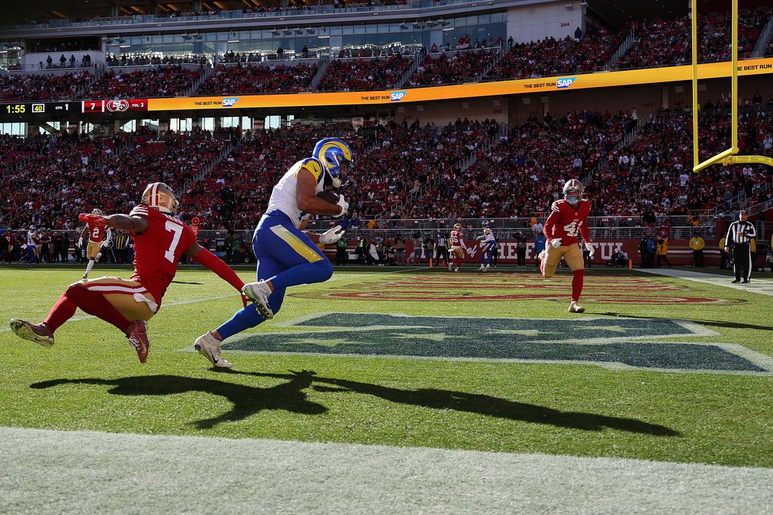 SANTA CLARA, CALIFORNIA - JANUARY 07: Puka Nacua #17 of the Los Angeles Rams catches a touchdown against Charvarius Ward #7 of the San Francisco 49ers in the first quarter during a game at Levi's Stadium on January 07, 2024 in Santa Clara, California. (Photo by Ezra Shaw/Getty Images)