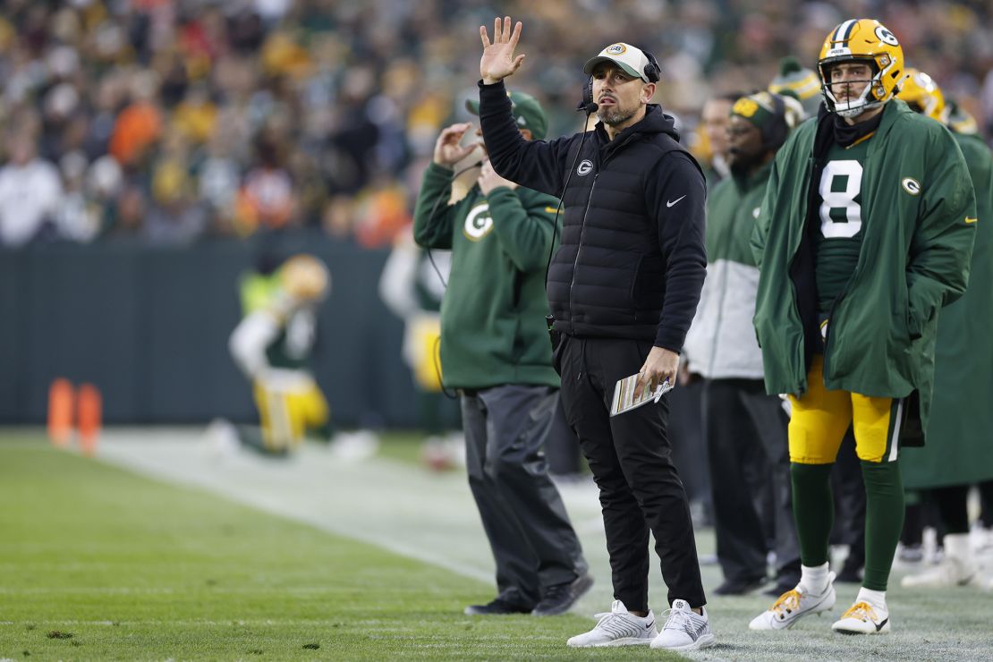 GREEN BAY, WISCONSIN - JANUARY 07: Head coach Matt LaFleur of the Green Bay Packers reacts during the first half in the game against the Chicago Bears at Lambeau Field on January 07, 2024 in Green Bay, Wisconsin. (Photo by John Fisher/Getty Images)