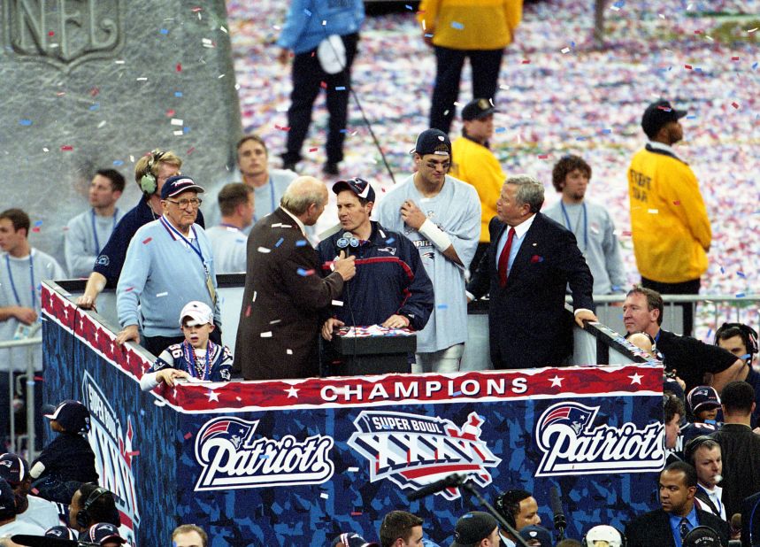 Belichick speaks after leading the Patriots to a Super Bowl win against the St. Louis Rams in 2002. It was the Patriots' first championship.