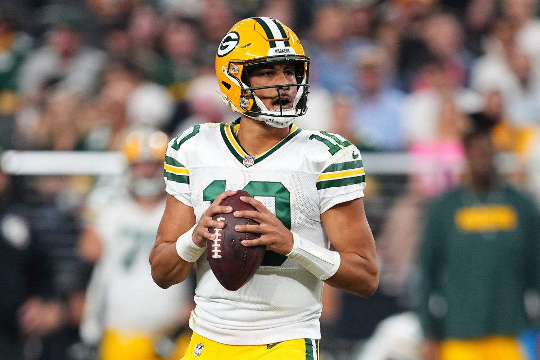 LAS VEGAS, NEVADA - OCTOBER 09: Jordan Love #10 of the Green Bay Packers looks to throw the ball during the first quarter against the Las Vegas Raiders at Allegiant Stadium on October 09, 2023 in Las Vegas, Nevada. (Photo by Chris Unger/Getty Images)