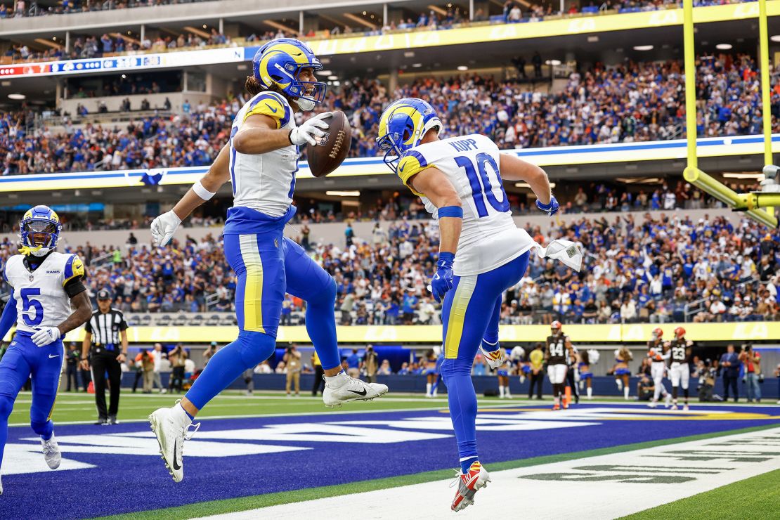 INGLEWOOD, CALIFORNIA - DECEMBER 03: Puka Nacua #17 and Cooper Kupp #10 of the Los Angeles Rams celebrate after Nacua scored a touchdown in the first quarter against the Cleveland Browns at SoFi Stadium on December 03, 2023 in Inglewood, California. (Photo by Ronald Martinez/Getty Images)