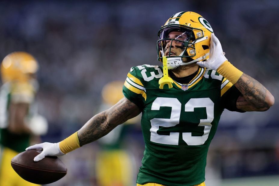 Green Bay Packers cornerback Jaire Alexander celebrates making an interception during the first quarter of the Packers' game against the Dallas Cowboys on January 14 in Arlington, Texas. <a href="https://www.cnn.com/2024/01/14/sport/nfl-playoffs-packers-cowboys-spt-intl/index.html" target="_blank">The Packers won 48-32</a>, becoming the first No. 7 seed to win an NFL playoff game.