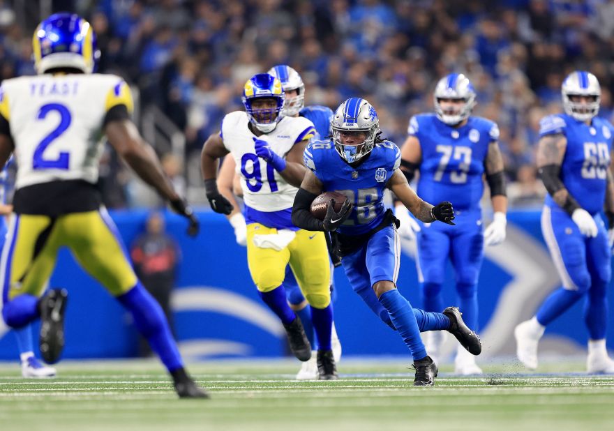 Detroit Lions running back Jahmyr Gibbs runs the ball during the Lions' 24-23 victory over the Los Angeles Rams on Sunday, January 14. It was the Lions' first playoff win since the 1991 season.