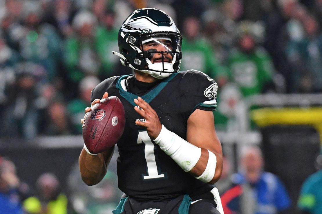 Dec 25, 2023; Philadelphia, Pennsylvania, USA; Philadelphia Eagles quarterback Jalen Hurts (1) against the New York Giants at Lincoln Financial Field. Mandatory Credit: Eric Hartline-USA TODAY Sports