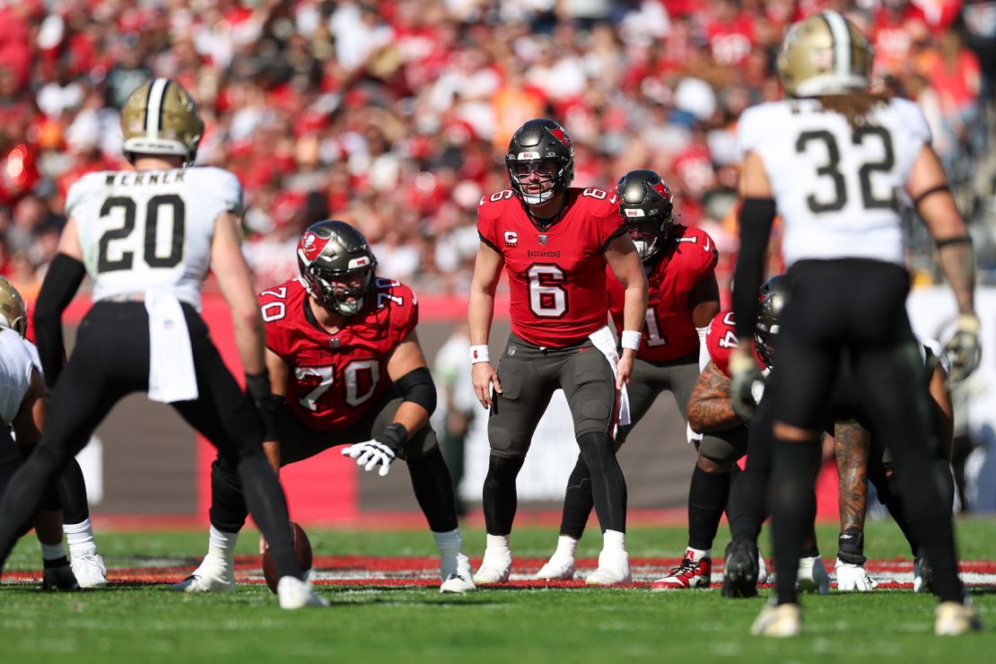 Dec 31, 2023; Tampa, Florida, USA;  Tampa Bay Buccaneers quarterback Baker Mayfield (6) calls a play at the line against the New Orleans Saints in the second quarter at Raymond James Stadium. Mandatory Credit: Nathan Ray Seebeck-USA TODAY Sports