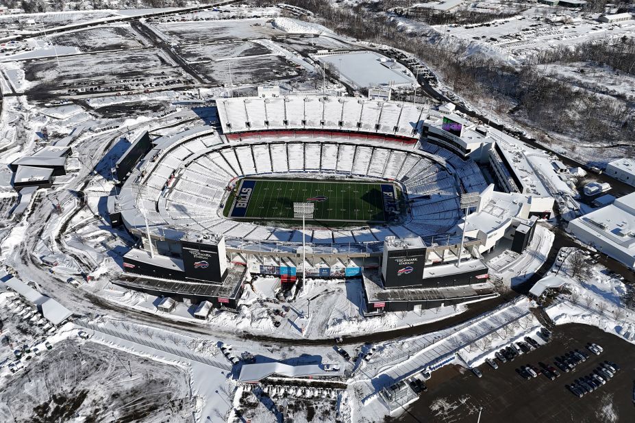 Buffalo's Highmark Stadium is covered in snow before the playoff game against Pittsburgh. The game was delayed a day because of winter storm conditions.