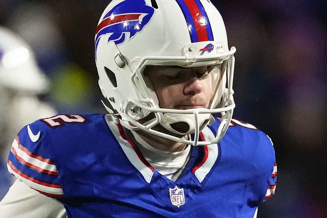 Buffalo Bills place kicker Tyler Bass (2) reacts after missing a field goal against the Kansas City Chiefs during the fourth quarter of an NFL AFC division playoff football game, Sunday, Jan. 21, 2024, in Orchard Park, N.Y. (AP Photo/Frank Franklin II)