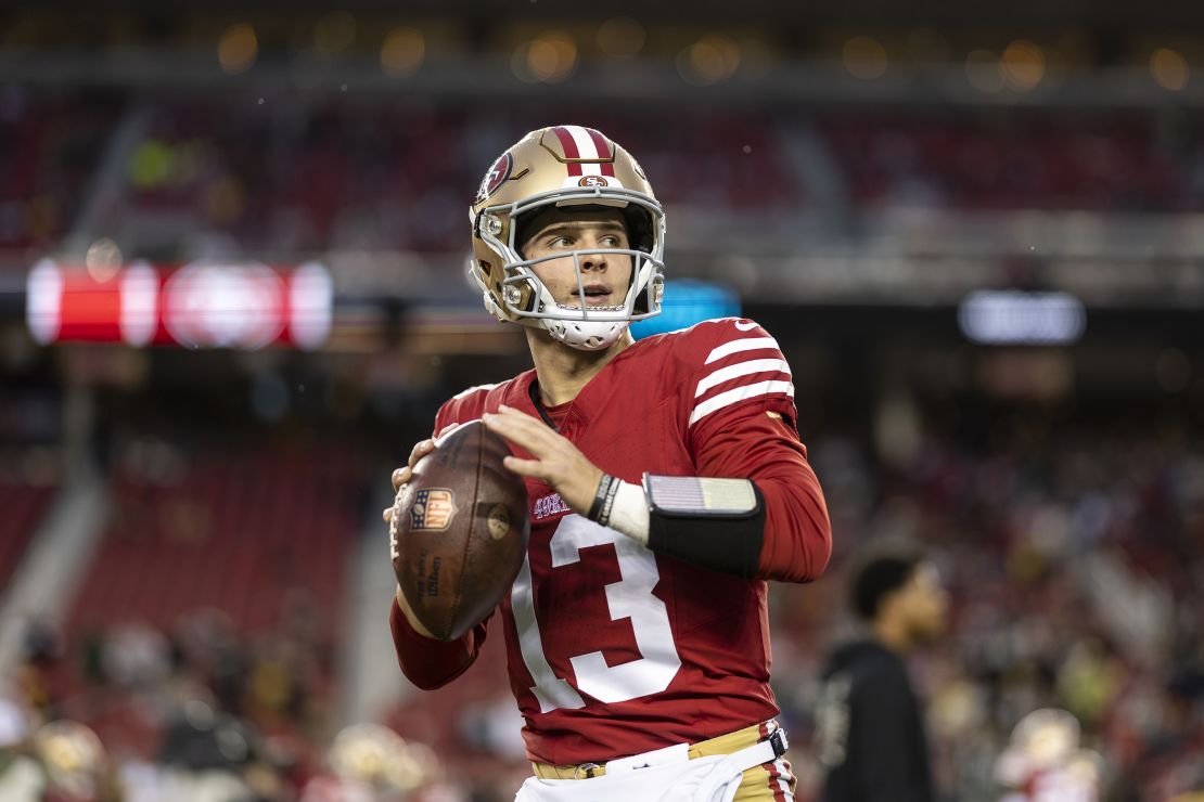 SANTA CLARA, CALIFORNIA - JANUARY 20: Brock Purdy #13 of the San Francisco 49ers looks to pass as he warms up prior to an NFL divisional round playoff football game between the San Francisco 49ers and the Green Bay Packers at Levi's Stadium on January 20, 2024 in Santa Clara, California. (Photo by Michael Owens/Getty Images)