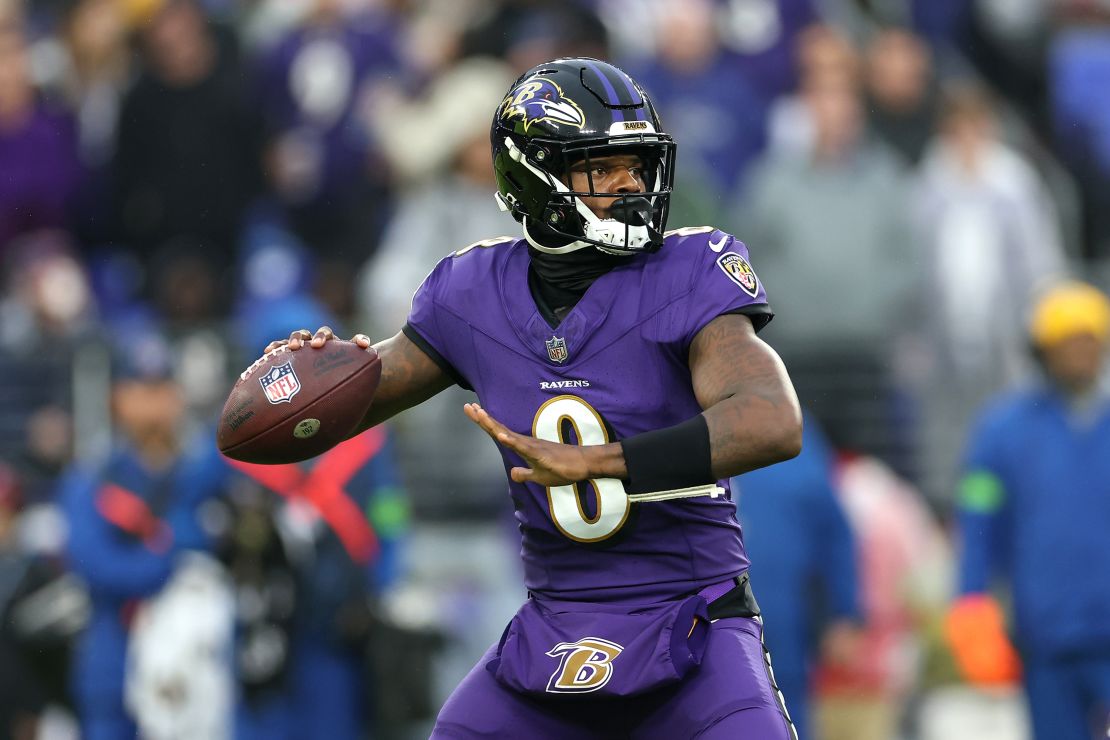 BALTIMORE, MARYLAND - DECEMBER 10: Quarterback Lamar Jackson #8 of the Baltimore Ravens throws a pass against the Los Angeles Rams at M&T Bank Stadium on December 10, 2023 in Baltimore, Maryland. (Photo by Rob Carr/Getty Images)