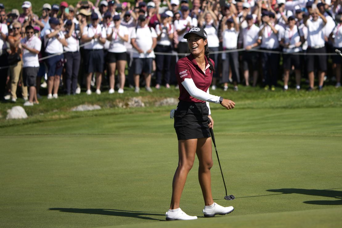 France's Celine Boutier celebrates winning the Evian Championship women's golf tournament in Evian, eastern France, Sunday, July 30, 2023. (AP Photo/Lewis Joly)