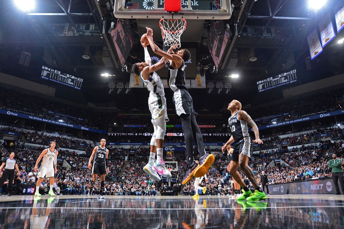 SAN ANTONIO, TX - JANUARY 4: Victor Wembanyama #1 of the San Antonio Spurs blocks a shot during the game against the Milwaukee Bucks on January 4, 2024 at the Frost Bank Center in San Antonio, Texas. NOTE TO USER: User expressly acknowledges and agrees that, by downloading and or using this photograph, user is consenting to the terms and conditions of the Getty Images License Agreement. Mandatory Copyright Notice: Copyright 2024 NBAE (Photos by Michael Gonzales/NBAE via Getty Images)