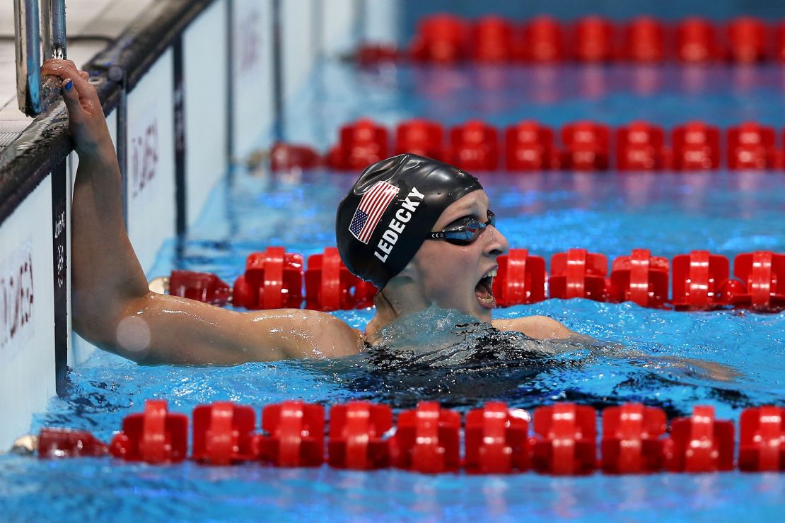 LONDON, ENGLAND - AUGUST 03:  Katie Ledecky of the United States reacts after winning the Women's 800m Freestyle Final on Day 7 of the London 2012 Olympic Games at the Aquatics Centre on August 3, 2012 in London, England.  (Photo by Clive Rose/Getty Images)