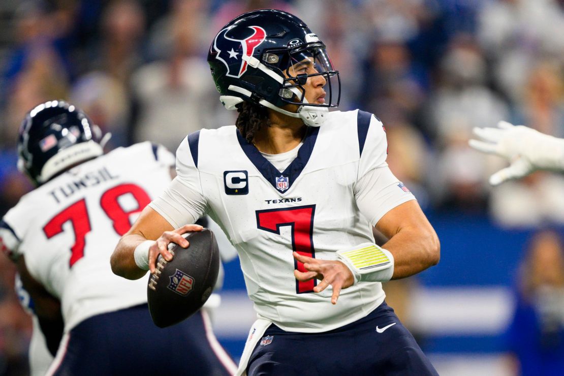 Houston Texans quarterback C.J. Stroud (7) throws a long touchdown pass during an NFL football game against the Indianapolis Colts, Saturday, Jan. 6, 2024, in Indianapolis. (AP Photo/Zach Bolinger)