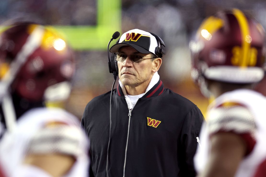 LANDOVER, MARYLAND - JANUARY 07: Washington Commanders head coach Ron Rivera looks on during the second quarter against the Dallas Cowboys at FedExField on January 07, 2024 in Landover, Maryland. (Photo by Scott Taetsch/Getty Images)