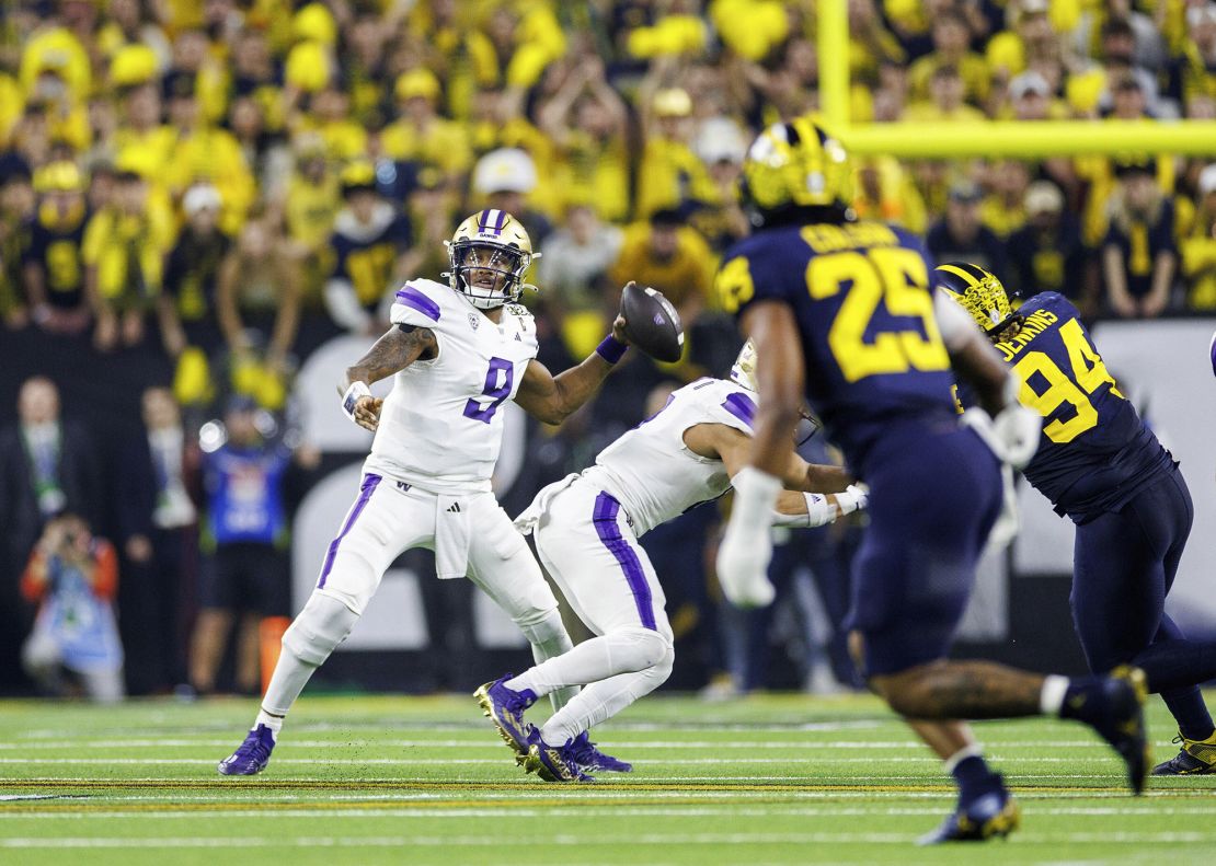 January 08, 2024: Washington quarterback Michael Penix Jr. (9) passes the ball during College Football Playoff National Championship game action between the Washington Huskies and the Michigan Wolverines at NRG Stadium in Houston, Texas. John Mersits/CSM (Credit Image: © John Mersits/Cal Sport Media) (Cal Sport Media via AP Images)