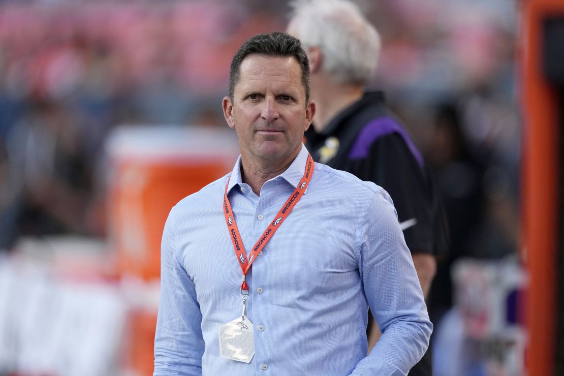 Denver Broncos general manager George Paton during an NFL preseason football game, Aug. 27, 2022, in Denver. (AP Photo/David Zalubowski)