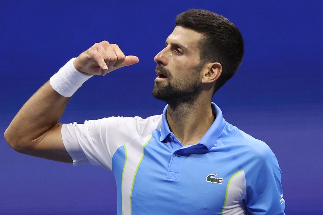 NEW YORK, NEW YORK - SEPTEMBER 08: Novak Djokovic of Serbia celebrates his victory against Ben Shelton of the United States during their Men's Singles Semifinal match on Day Twelve of the 2023 US Open at the USTA Billie Jean King National Tennis Center on September 08, 2023 in the Flushing neighborhood of the Queens borough of New York City. (Photo by Mike Stobe/Getty Images)