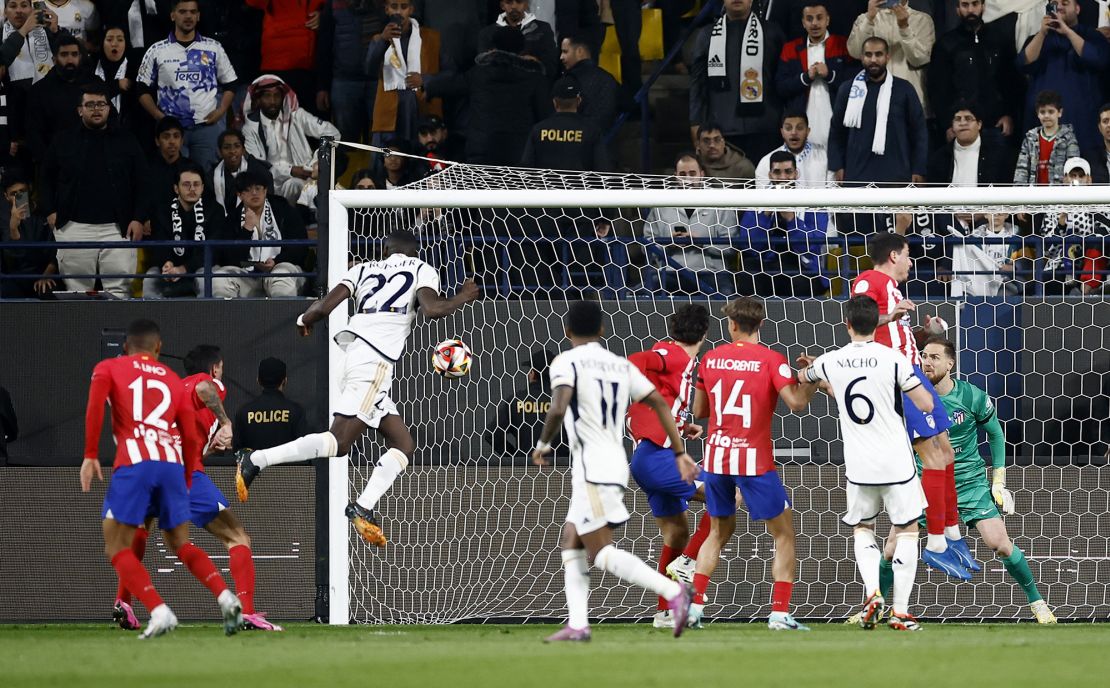 Soccer Football - Spanish Super Cup - Semi Final - Real Madrid v Atletico Madrid - Al-Awwal Park, Riyadh, Saudi Arabia - January 10, 2024
Real Madrid's Antonio Rudiger scores their first goal REUTERS/Juan Medina