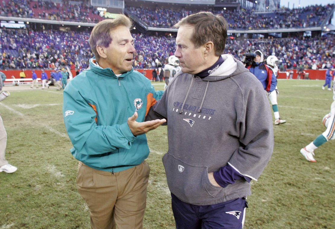 Miami Dolphis' Nick Saban and New England Patriots' Bill Belichick talk after the game. The Dolphins defeated the Patriots 28-26 at Gillette Stadium in Foxboro, Massachusetts, Sunday, January 1, 2006.  (Photo by Joe Rimkus Jr./Miami Herald/Tribune News Service via Getty Images)