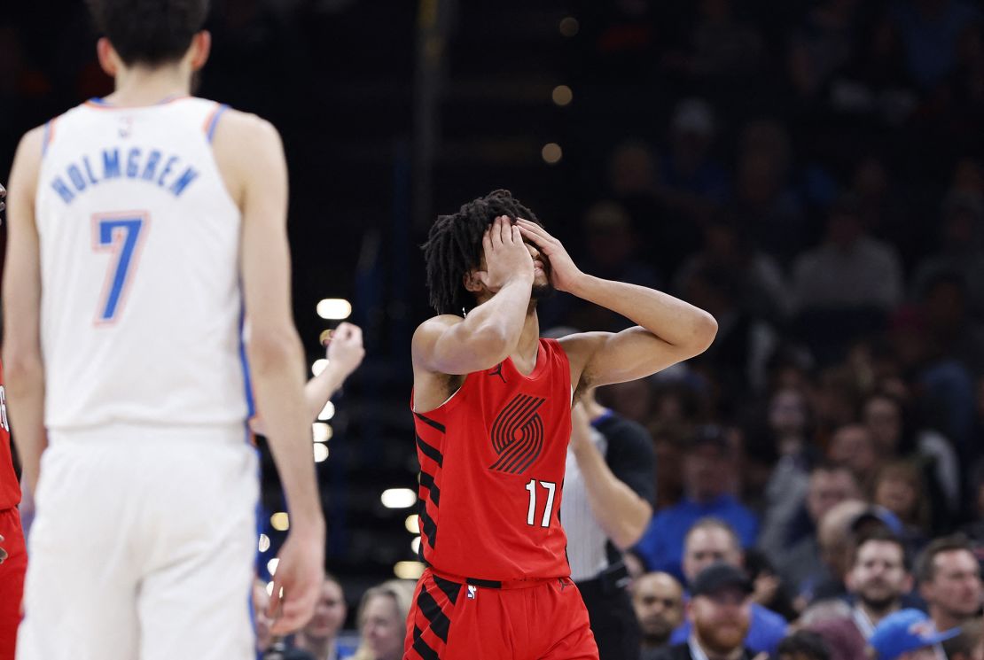 Jan 11, 2024; Oklahoma City, Oklahoma, USA; Portland Trail Blazers guard Shaedon Sharpe (17) reacts after a play against the Oklahoma City Thunder during the second quarter at Paycom Center. Mandatory Credit: Alonzo Adams-USA TODAY Sports