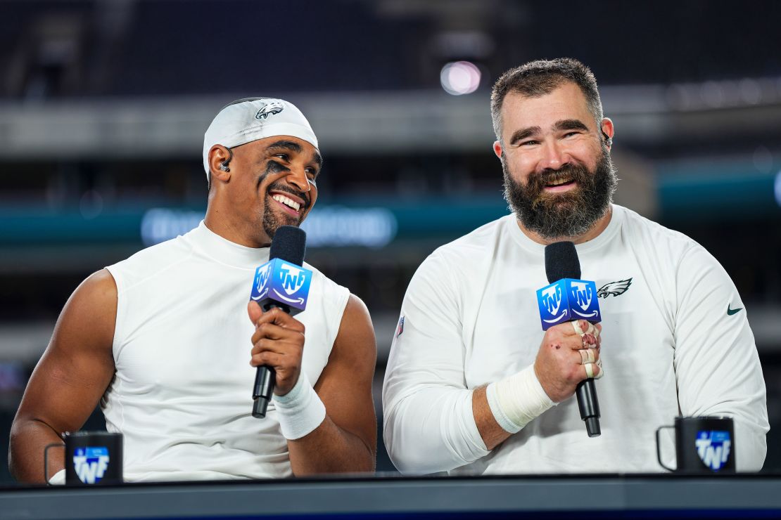 PHILADELPHIA, PA - SEPTEMBER 14: Jalen Hurts and Jason Kelce on set of Amazon Thursday Night Football Postgame Show after the game between the Minnesota Vikings and the Philadelphia Eagles at Lincoln Financial Field on September 14, 2023 in Philadelphia, Pennsylvania. (Photo by Cooper Neill/Getty Images)