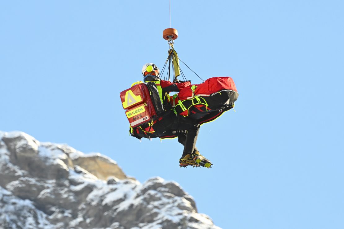 Norway's Aleksander Aamodt Kilde is evacuated by helicopter after crashing during the Downhill of the FIS Alpine Skiing Men's World Cup event in Wengen on January 13, 2024. (Photo by Marco BERTORELLO / AFP) (Photo by MARCO BERTORELLO/AFP via Getty Images)